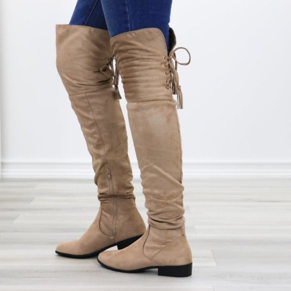 Tan Suede Thigh High Flat Boot With Lace Up Back - Picture 3 of 14